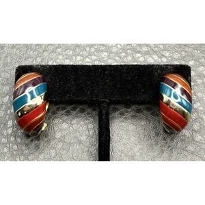 VINTAGE ELLEN DESIGNS HIGH END RARE SIGNED RAINBOW ENAMEL CLIP ON EARRINGS 1"